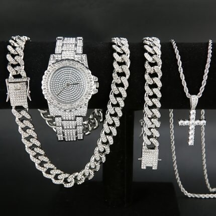 Set Of 4 Pieces, Men's Watch Set, Men's Cuban Necklace Bracelet Set, Men's Cross Necklace Set