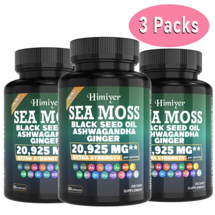 3Packs Sea Moss Capsules with Black Seed Oil, Ashwagandha & Turmeric - 7000mg Vitamin C & D3, Extra Strength Immunity & Energy Support, Natural Supplement for Health & Wellness