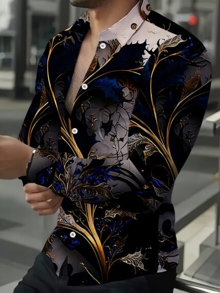 Men'S Stylish Casual Large Size Shirt with Intricate Floral Print - Black, Golden & Blue Design, Button-Up Collar, Long Sleeve, Perfect for Casual Attire or Vacation, Everyday Fashion, PLUS SIZE