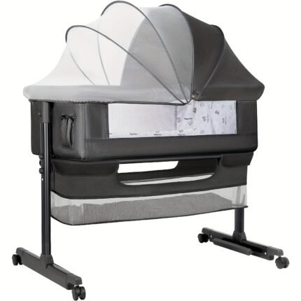 Baby Bassinet Bedside Sleeper with Wheels & Storage Basket - Metal Frame, Easy Assembly, Under 27" Height, 3.2+ Cu Ft Storage, Gray/Black - Infant Nursery Furniture