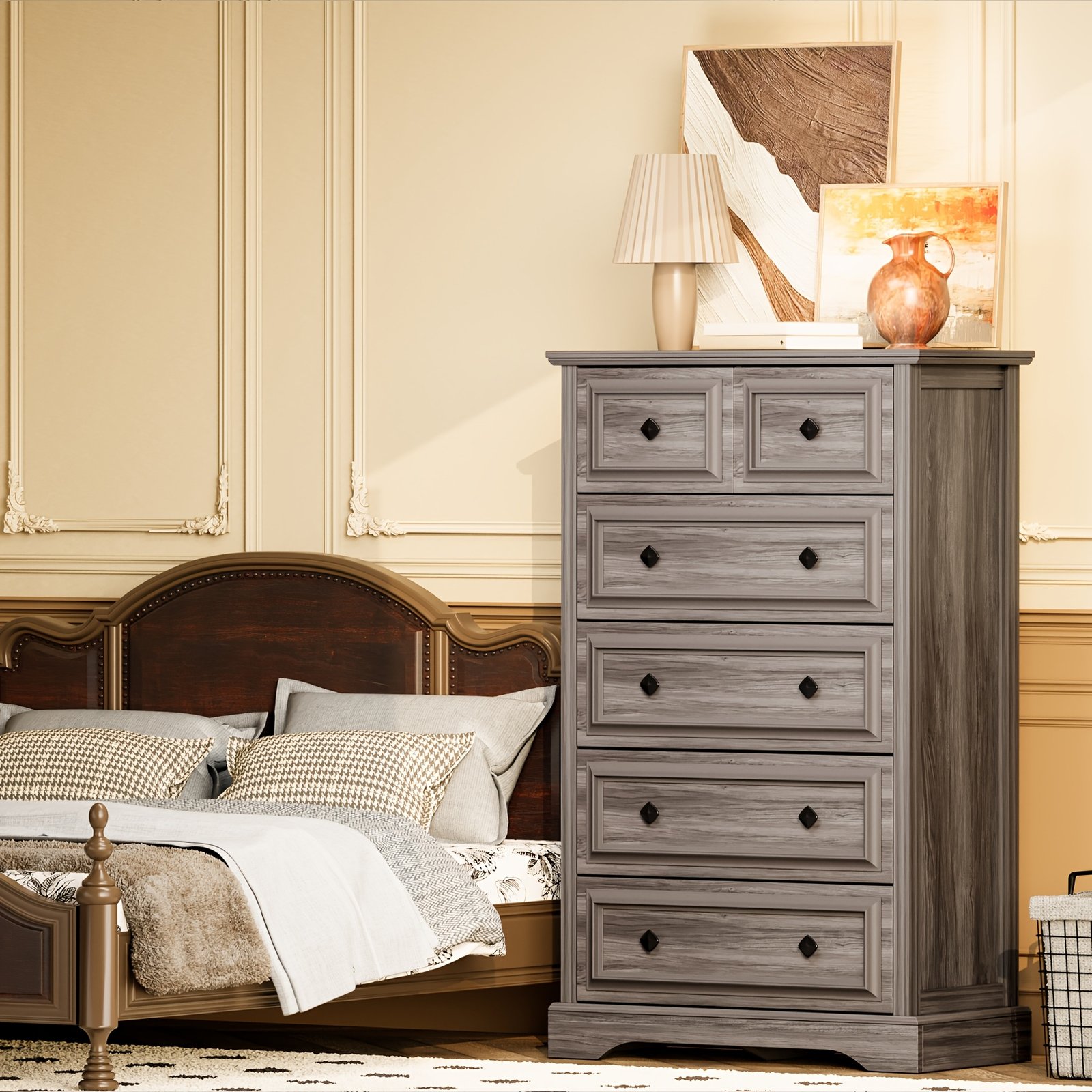 258b2848-de54-4a94-8eca-1e973c8eccf9.jpg 6 Drawer Dresser, Farmhouse Chest Of Drawers For Bedroom, 48" Tall Modern Dresser With Large Metal Handle, Wood Drawer Organizer For Living Room, Hallway, Closet - Image 1