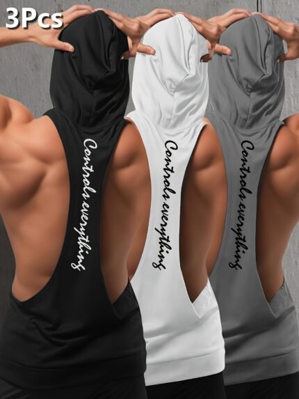 3pcs Men's Breathable Sleeveless Hooded Workout Vests - Moisture-Wicking Summer Gym Shirts with Motivational Letter Print, Slim Fit Athletic Tops for Training & Casual Wear (Black/White/Grey), Gym Clothes, Smooth Texture Finish