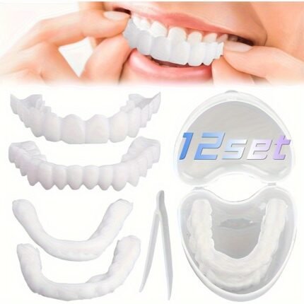 12 Sets Adjustable Snap-On Dentures, Temporary Dentures for Upper and Lower Teeth, Unisex Instant Whitening Teeth Kit, Easy-to-Wear Dental Veneers