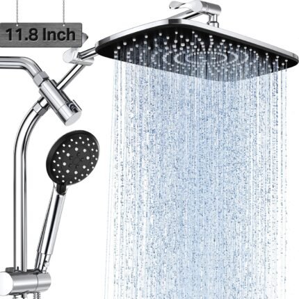 Rain Shower with 6 Modes Handheld Water Spray, Upgraded Slide Bar Shower Head, Wide Showerhead Combo for Bathroom Accessories, Adjustable Dual Shower with Arm, Silvery Chrome