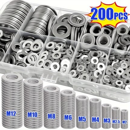 200pcs 304 Stainless Steel Washers Set, Durable Material, Polished Surface, O-Ring Fastener Spacer Set with Box, Includes 9 Sizes (M2-M12), Suitable for Home Decor, Factory Maintenance, Kitchen, Shop And Outdoor Construction