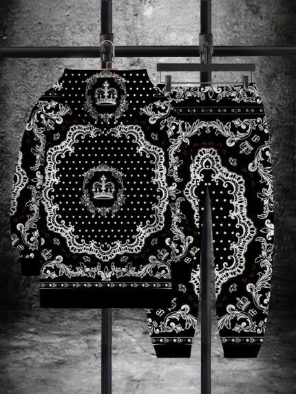 Men'S Ethnic-Inspired Geometric Print Hooded Sweatshirt & Jogger Set - Cozy Fleece Pullover with Kangaroo Pocket, Black & White Pattern, Perfect for Fall/Winter Casual Wear, Autumn Winter Apparel | Ethnic Pattern Outfit | Comfortable Fit