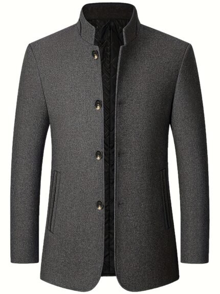 Men's Casual Tweed Jacket - Stand Collar, Button-Up with Side Pockets, Long Sleeve Outerwear for Fall/Winter, Polyester Blend, Black