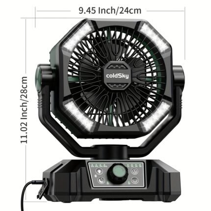Camping Fan Band Dual Motor, Battery Power Supply Fan, 4 LED Lanterns, 8 -speed Speed Desktop Fan Belt Remote Control, Portable Outdoor Fan Band Hook, Suitable for Tents, Power Outages, Work Site, COLDSKY