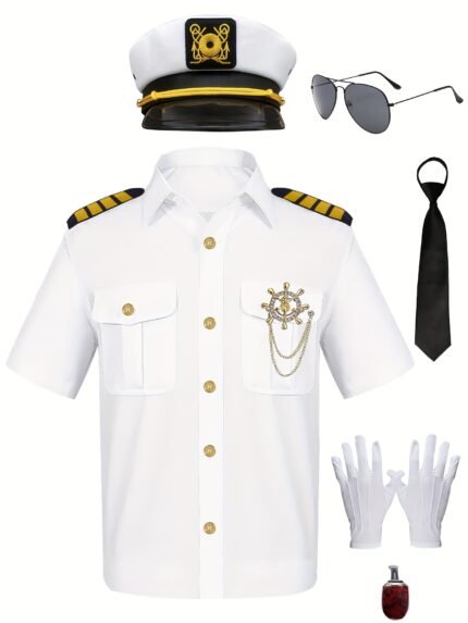 Men's tough white shirt yacht captain costume luxury set, suitable for party events, stage performances, carnival travel photography.