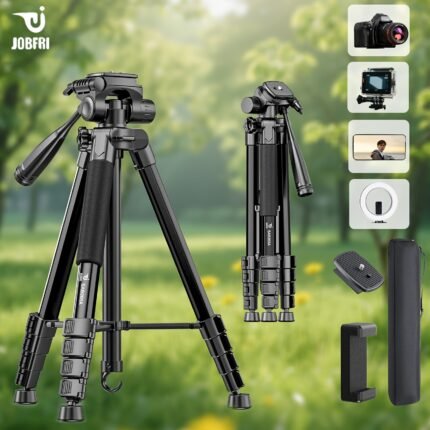JOBFRI Professional Tripod with Quick Release Plate & Phone Clip - Heavy-Duty 73-inch Camera Tripod, Adjustable Height, Stable Base, Portable Carry Bag - Compatible with DSLR Cameras, Smartphones, Webcams, Projectors, Telescopes - for Photography, Videography, Live Streaming, Vlogging - Ideal Birthday/Professional Gift, Tripod for Phone, Photography Accessory, Versatile Mount Design, Aluminum Alloy Build