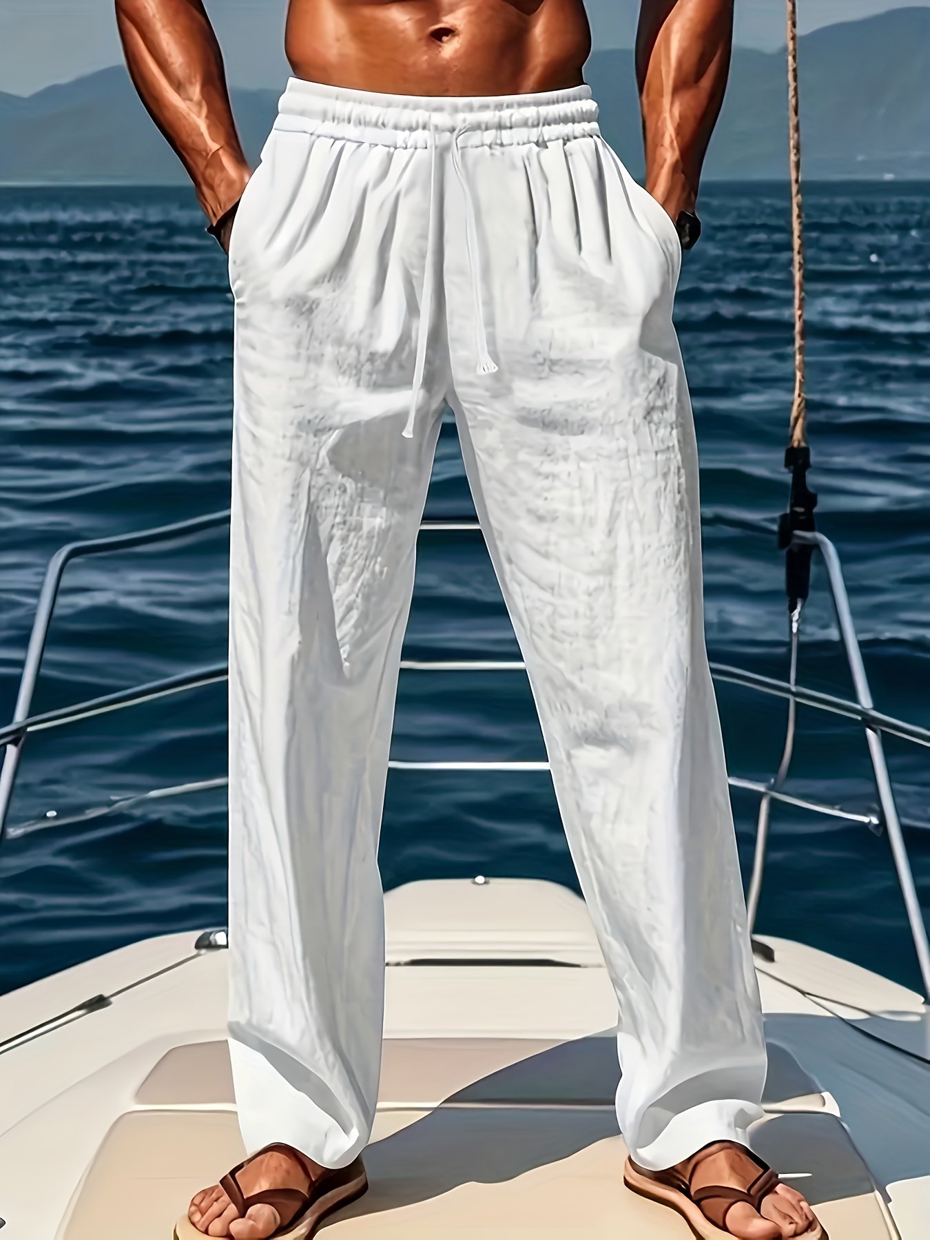 28874b2b-f2eb-485a-b16b-904b9df82d48.jpg Men'S Casual Loose-Fit Polyester Drawstring Pants with Pockets - Ideal for Beach and Sports, Perfect Gift, White, Beachwear Pants|Relaxed Fit Pants|Polyester Fabric - Image 1