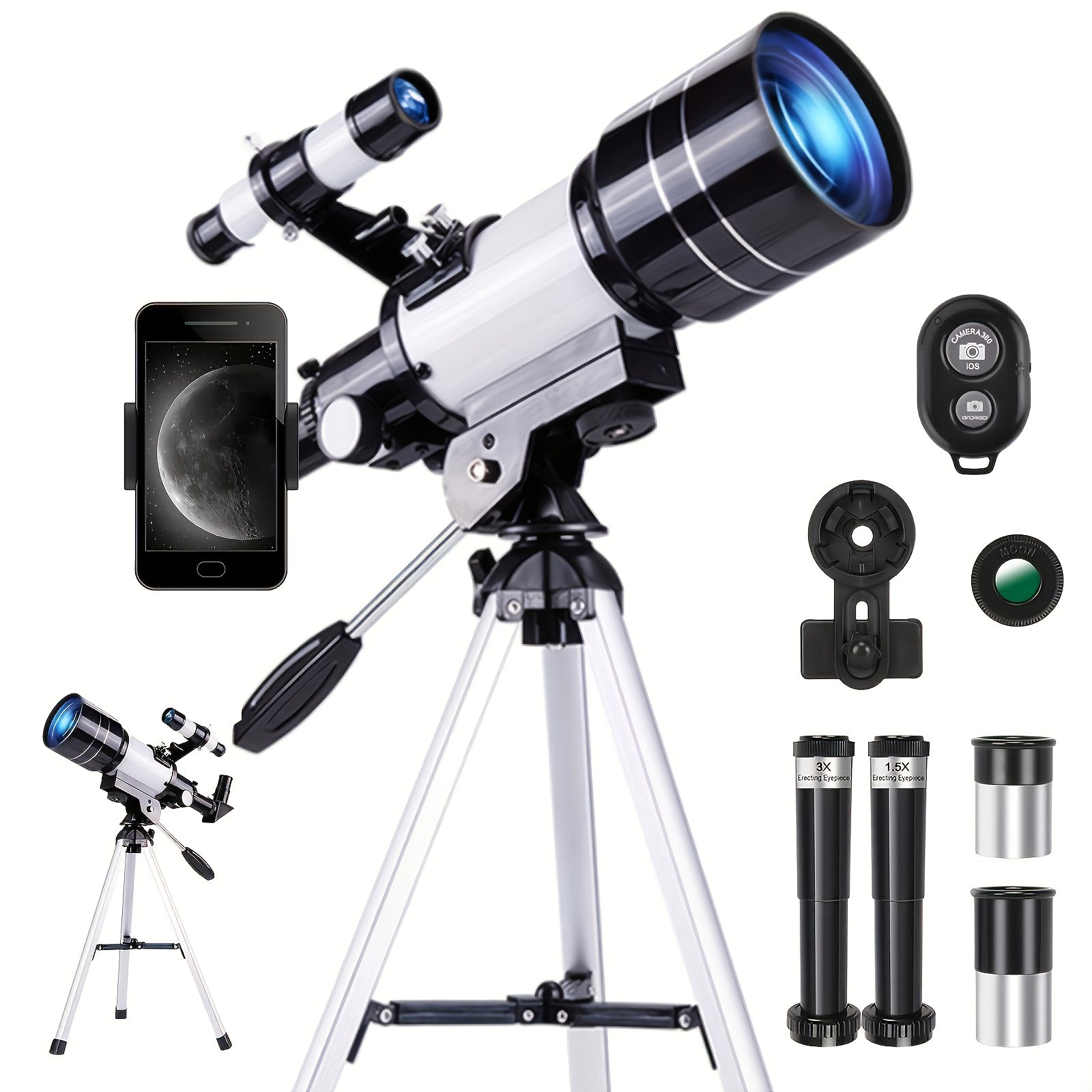 28e565fc-3c5e-4b21-a56b-f77034adb9c5.jpg 150x Telescope, 70mm Aperture Telescope, High Magnification, Portable Astronomical Telescope, With Tripod Phone Adapter And Wireless Remote Control - Image 1
