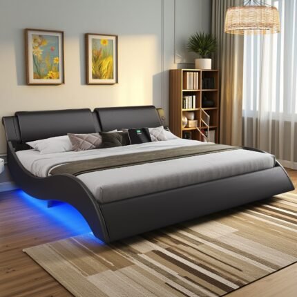 Modern Black LED Bed Frame with USB & Type-C Ports, PU Headboard, and Music Sync Lighting - Easy Assembly, 60, 000 Color Options, Wavy Curve Design, Perfect for Contemporary Bedrooms, Smart Bed Frame | Sleek Bed Frame | Faux Leather Bed
