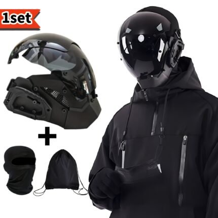 1Set DOLEDOLEN Punk Mask - Breathable Balaclava & Adjustable Drawstring Backpack, Black Cyber Mask with Glitter Accents, Perfect for Halloween, Cosplay, Music Parties, and Photography Props - Ideal Gift Accessory, Halloween Costume, Durable Headgear