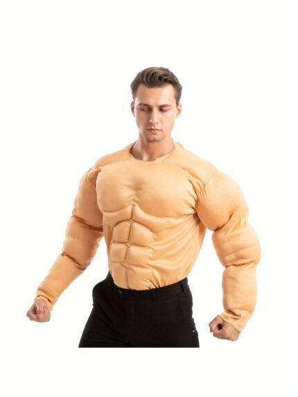 JOYFY Men'S Muscle Suit - Halloween Bodybuilder Costume with Puffed Sleeves & Ruffled Details, Black & Beige, Perfect for Roleplay & Funny Adult Parties, Halloween Costume | Musclethemed Outfit | Durable Fabric