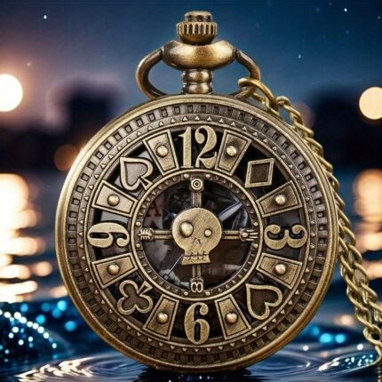 1pc Steampunk Antique Pocket Watch - Vintage Bronze - with Roman Numerals, Golden Hands - Quartz Movement - Chain - Non- - for Men & Women - Birthday/Graduation/Christmas/New Year Gift - Gothic Industrial Decor - Functional Timepiece - Collectible Mechanical Watch - Hollow Poker Pattern -  Style - Electronic Quartz Movement - Pendant Necklace - Intricate Dial Design, Vintage Pocket Watch, Pocket Watch And Chain, Mechanical Pocket Watch, Pocket Watches For Men