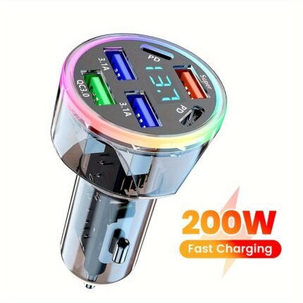 200W USB Type-C Car Charger with Voltage Display, 6-Port Fast Charging Adapter with PD and QC3.0, Compatible with iPhone and Android Devices, Essential Multi-Port USB Charging Accessory for Car Use.