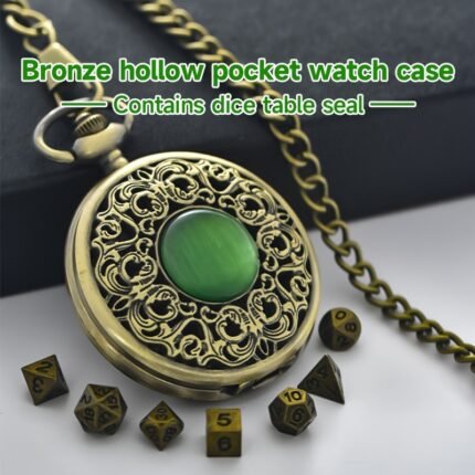 1pc Ancient Green Mini Dice Set, Retro Pocket Watch Shell + Thick Chain + Portable Polyhedral Mini 7pcs Bronze Dice Toy Accessories Gifts, 14+ - Perfect for Dungeons And Dragons Gifts, MTG, Suitable for Tabletop Role-Playing Games, Creative Game Type