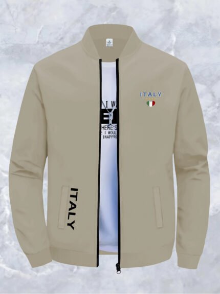 CALVIN Men's Slim Fit Casual Jacket - Light Zipper Stand Collar, Machine Washable Autumn Winter Coat with Italy Flag & Bold Letter Print, Street Style Baseball Collar Design, Polyester Lining, Sleek Zipper Closure, Urban Fashion, Modern Design, Lightweight Material, Urban Lifestyle