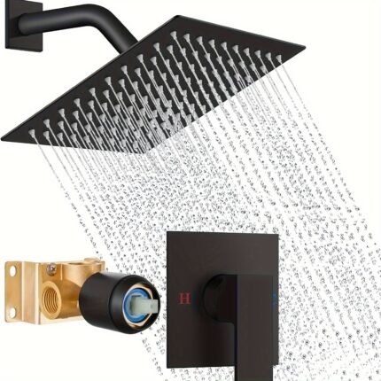 Bathroom Shower Faucet Set Wall Mount Shower Head And Handle Set Single Function Rain Shower System Single Handle Shower Trim Kit With Valve, Matte Black, 8 Inch Shower Head