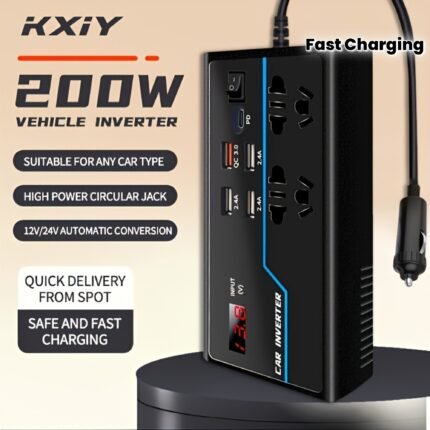 200W Car Inverter: 12V DC to 110V/24VDC Power Converter with LED Display and 4 USB Ports, Suitable for Fast Charging, 1 Type-C Port Charger Adapter, Switchable Current LED Screen, Compatible with Cars, SUVs, and Trucks