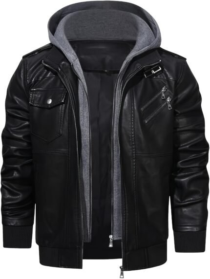 Men's Vintage Bomber Jacket - PU Leather Motorcycle Coat Waterproof Windproof Anti-Tear with Removable Hood, Zipper Closure & Machine Washable - Black Casual Outdoor Riding Jacket for Men & Teens, Durable Zipper Closure