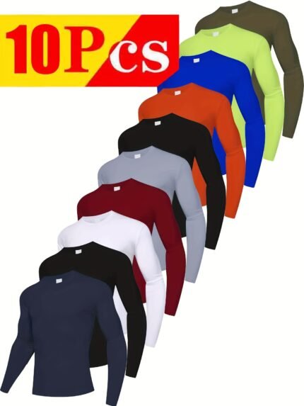 10pcs Set Of Men's High-performance Solid Color Round Neck Long Sleeved T-shirt, Quick Drying Breathable And Comfortable Sports Top, Suitable for Sports, Fitness And Outdoor Activities, Moisture Wicking And Casual Exercise