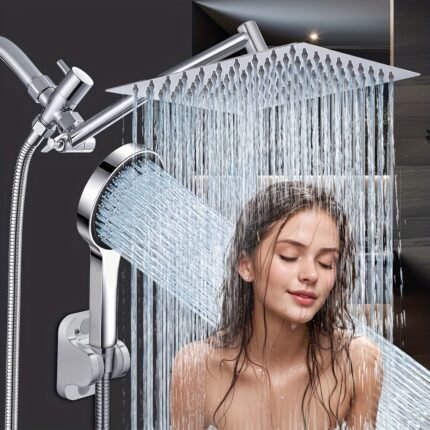 Shower Head Combination, 8 "/10" Square Top Spray Shower Set Combination, Three Function Handheld Shower Head, Stainless Steel Adjustable Angle Extension Arm, Resistant to Low Pressure Water, with Long Hose
