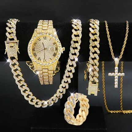 5pcs, Men's Rhinestone Watch Set, Fashionable Cross Necklace Ring Bracelet Set, Christmas Set