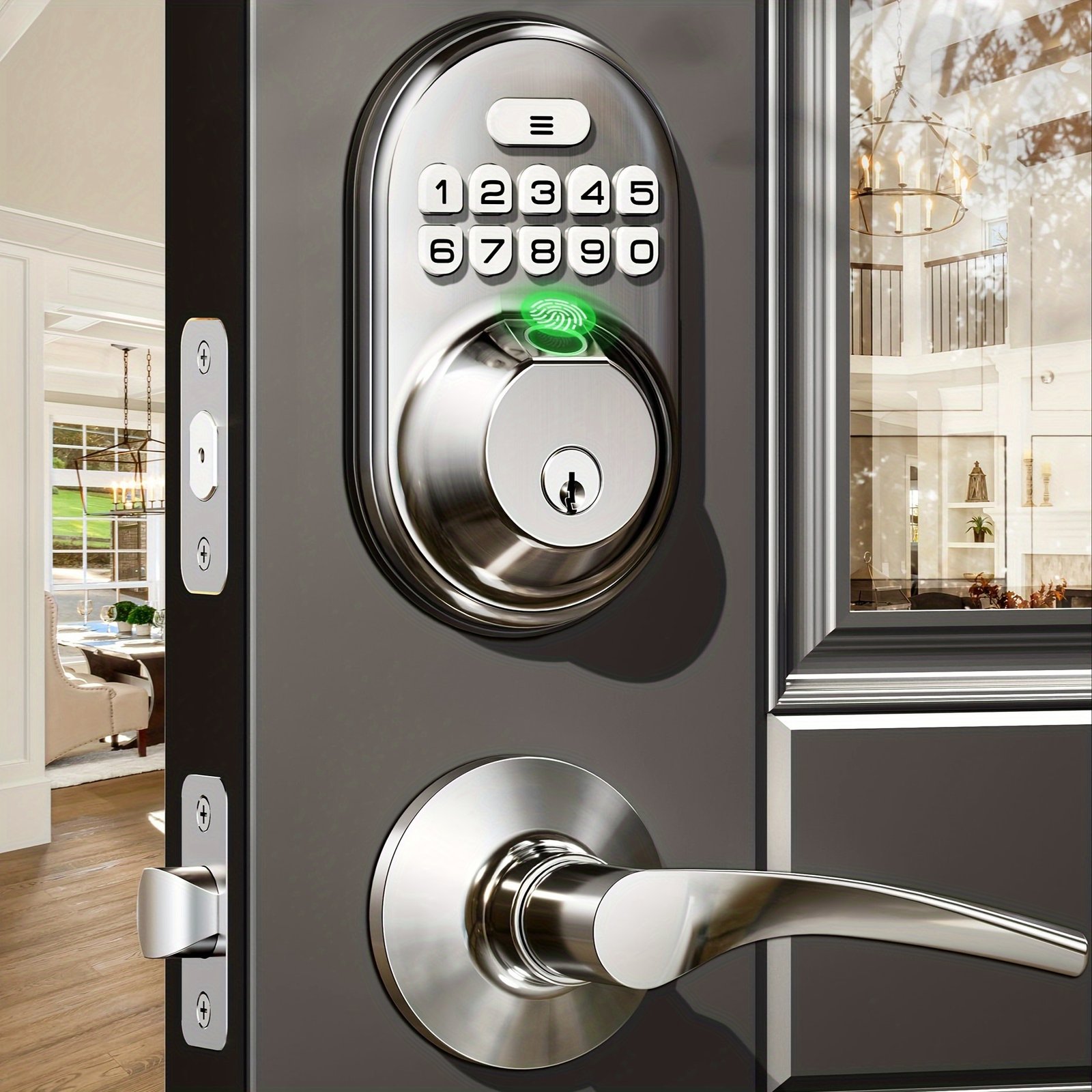 2ce44148-f16c-4233-8038-8f7fa5901c65.jpg Keyless Entry Door Lock Set with Fingerprint Unlock, Electronic Keypad, Auto-Lock Deadbolt - Heavy-Duty Lever Handle, for Front/Back Doors, Homes, Offices, Hotels - Compatible with American Standard Door Prep - Image 1