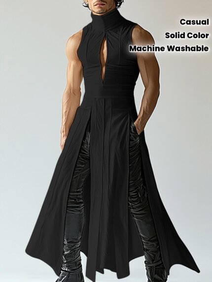 Men's Stylish Hollow Out Tank Top - High Neck Sleeveless Solid Color Vest with Cut-Out Details, Regular Fit Casual Streetwear for Daily Outdoor & Hippy Fashion, Machine Washable, Graphic Tank Top, Easycare Clothing, Summer Outfit, Baggy Style, Breathable Fabric, Urban Style