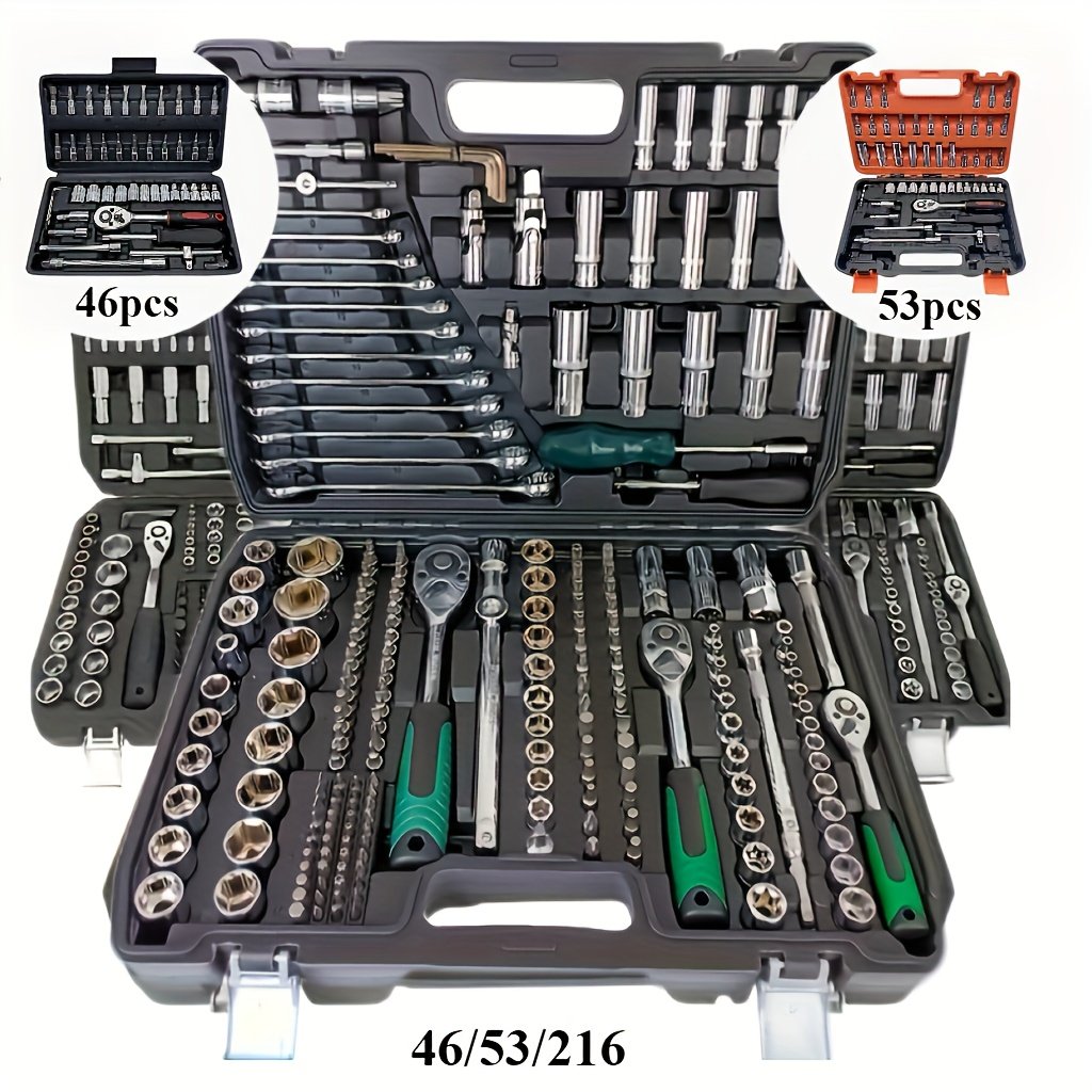 2d128d60-f1cf-43c8-9f3c-251c8aa91395.jpg 216pcs, 53pieces And 46pcs Of High-quality Professional Tool Kits, Mechanical Tool Kits Specially Designed For Car Maintenance, And Include 1/ 4 Inch Wrench Barrels Along With Ratchet Wrench Sets With Sockets And Extension Rods, Household Use - Image 1