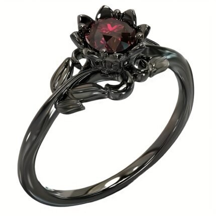 Elegant Vintage-Inspired Red Gemstone Ring with Black Leaf Design - December Birthstone, Perfect for Engagements & Weddings, Ideal Valentine'S Day Gift