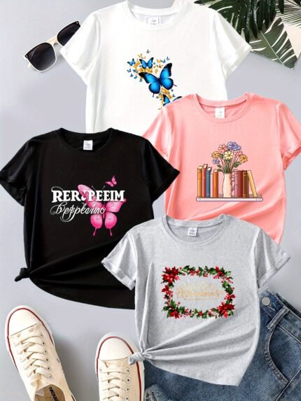 4pcs Women's Casual Graphic T-Shirts - Floral Print Butterfly, Bookshelf, and Artistic Designs, Short Sleeve Crew Neck, Soft Polyester Blend, Perfect for Spring and Summer, Ladies T Shirts