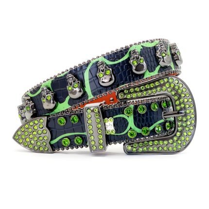 GGSIMON Luxury Rhinestone Skull Belt - Vintage Punk Style with Sparkling Green & Blue Crystals, Carved Alloy Buckle, Faux Leather for Men and Women, Hip Hop Cowboy Jeans Accessory