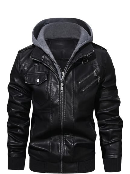 Men's Vintage Bomber Jacket - PU Leather Motorcycle Coat Waterproof Windproof Anti-Tear with Removable Hood, Zipper Closure & Machine Washable - Black Casual Outdoor Riding Jacket for Men & Teens, Durable Zipper Closure