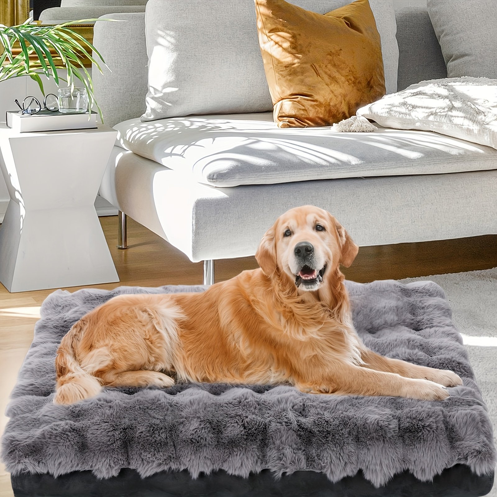 2dee1f1c-fb89-4912-a803-175ed8048a40.jpg Extra Large Orthopedic Dog Bed - Luxurious Plush Faux Fur Kennel, Bite-Resistant, Dirt-Repellent and Machine Washable Pet Mat with Anti-Slip Bottom, Stylish for Living Rooms, All-Season Comfort & Joint Support for Large Dogs - Image 1