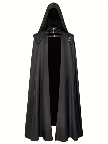 Men's Gothic Medieval Hooded Cloak - Long Black Wizard & Demon Halloween Costume with Adjustable Straps, Loose Fit for Cosplay, LARP, or Themed Parties, Goth Accessories