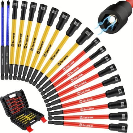 19pcs Magnetic Nut Driver Set, Metal SAE and Metric Nut Driver Set with PH1 and PH2 Bits, 6" Long Nut Driver Set with 1/4" Hex Shank, Magnetic Socket Set with Sturdy Tool Case for Professional and DIY Projects