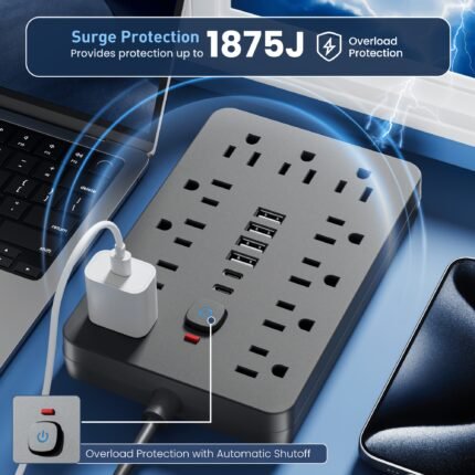 1pcWith 11 Individual Power Outlets, 5ft/10ft, 4 USB and 2 USB-C Ports, Flat Plug, Wall Mountable, Overload Protected Power Hub for Home, Office, Awesome Christmas, New Year's and birthday gifts!