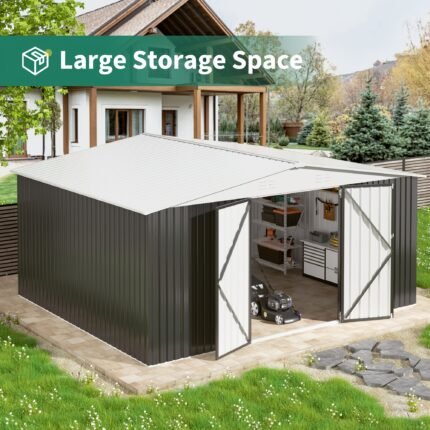 12x14 FT Outdoor Metal Storage Shed With Durable Frame And Lockable Door, Super Spacious Shed With Increased Height For Garden, Backyard, Patio, And Tool Storage, White Roof, Gifts For Boyfriend Or Husband