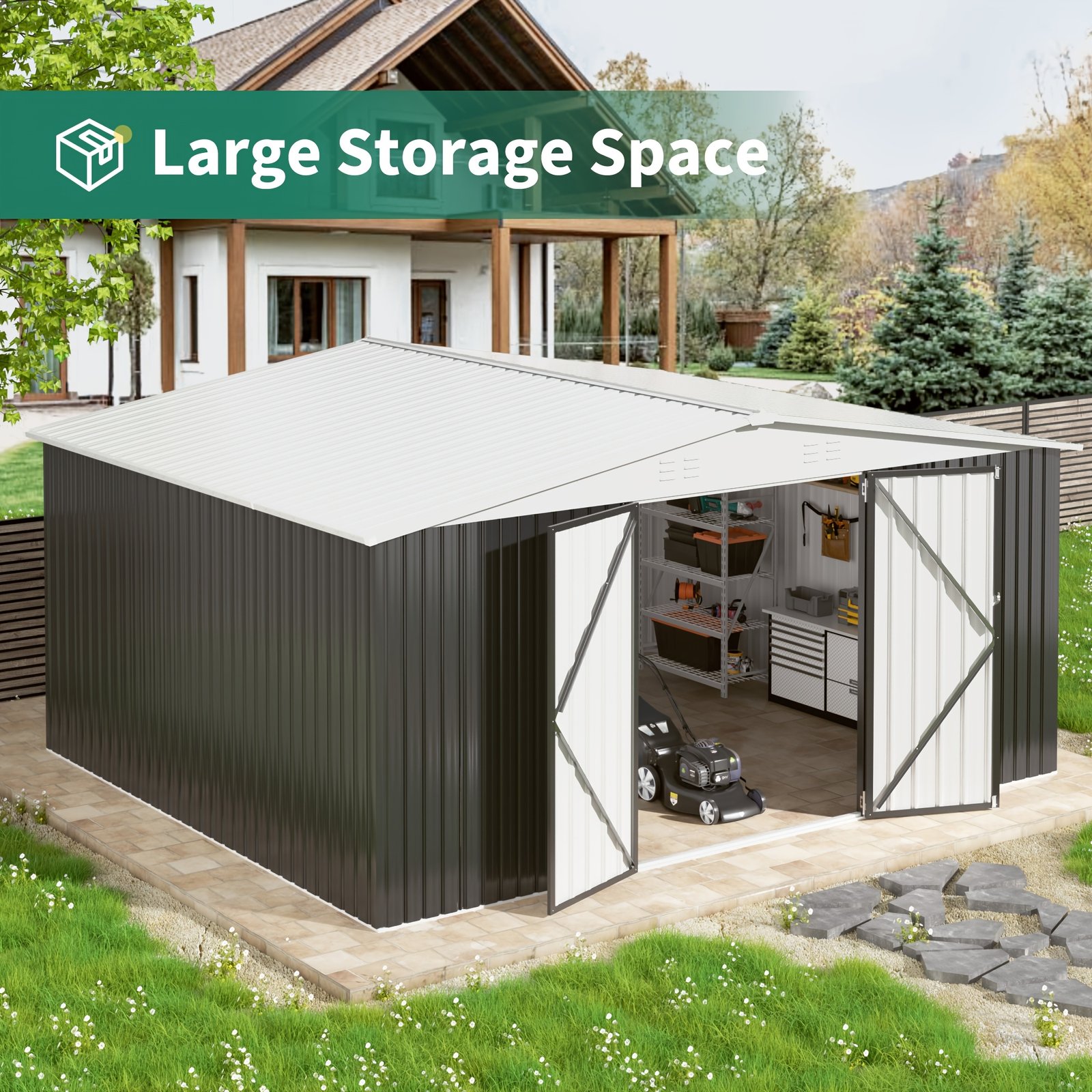 2f566c02-ea5a-420b-a2de-2f293605e2aa.jpg 12x14 FT Outdoor Metal Storage Shed With Durable Frame And Lockable Door, Super Spacious Shed With Increased Height For Garden, Backyard, Patio, And Tool Storage, White Roof, Gifts For Boyfriend Or Husband - Image 1