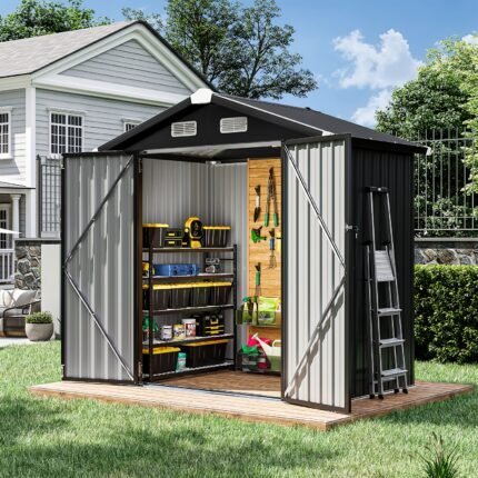 6'x4' Outdoor Metal Storage Shed, Black Steel Tool Shed With Lockable Double Doors, Waterproof Garden Shed For Tools, Equipment, And Lawn Supplies