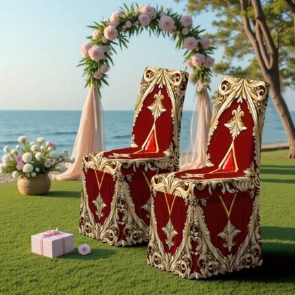 2/4/6pcs, 2D Flat, Dining Chair Covers with Elegant Golden Trim and Red Diamond Print Skirt, Stylish and Sophisticated for Dinner Parties, Gatherings, Outdoor Picnics, Camping, Garden Parties, Events, Home Decor, Holiday Decoration, Christmas, Easy-Care Fabric, Essential for Parties, 2D Flat