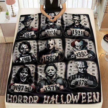Horror Icons Flannel Fleece Throw Blanket - Preppy Style, Digital Print, All-Season Multipurpose Knit Fabric Bedding, Soft Comfortable Office, Picnic, Home Decor Blanket - 200-250Gsm