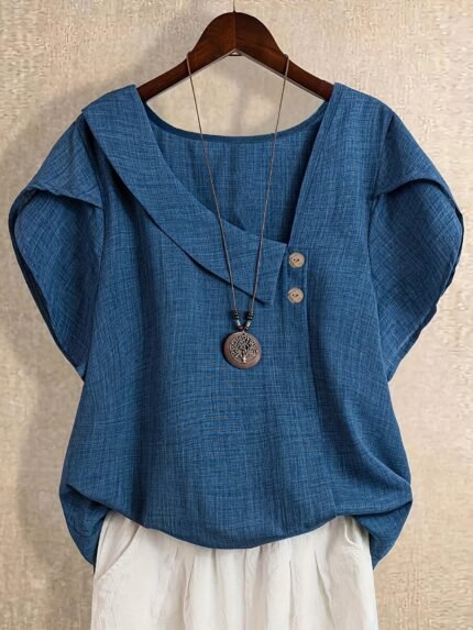 Plus Size, Plus Size Women's Casual Chic Asymmetrical Neckline Blouse - Lightweight Short Sleeve Petal Design, Breathable Solid Color Top for Spring/Summer, Machine Washable, Short Sleeve Blouse, Summer Fashion, Casual Attire, Elegant Texture, Nonstretch Material