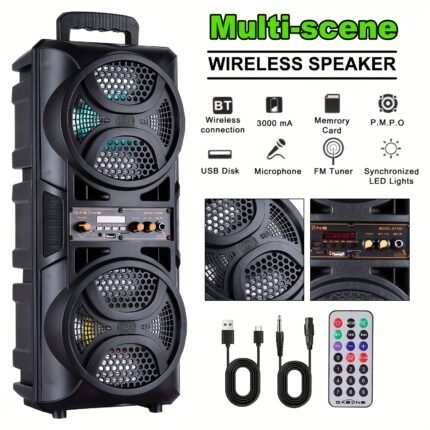 3000W Portable Bluetooth Speaker with Double 6.5 '' Subwoofer Stereo Sound, Outdoor Party Speaker, Support FM Radio, LED Colorful Lights, with Microphone, Support for TF/FM Radio/USB/AUX, for Home, Party, Travel, Chrismas Party