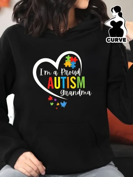 Plus Size Autism Awareness Print Hoodie Women Long Sleeve Casual Sweatshirt Stylish Pullover, 550g