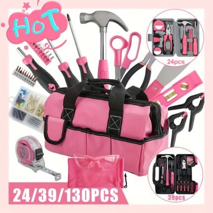 24/39/130pcs Pink Household Tool Set, Sturdy Metal Hand Tool Kit, Classic Barn Style Toolbox, Ladies Durable Metal Hand Tools, DIY Home Repair Kit, The Best Gift For Mother'S Day