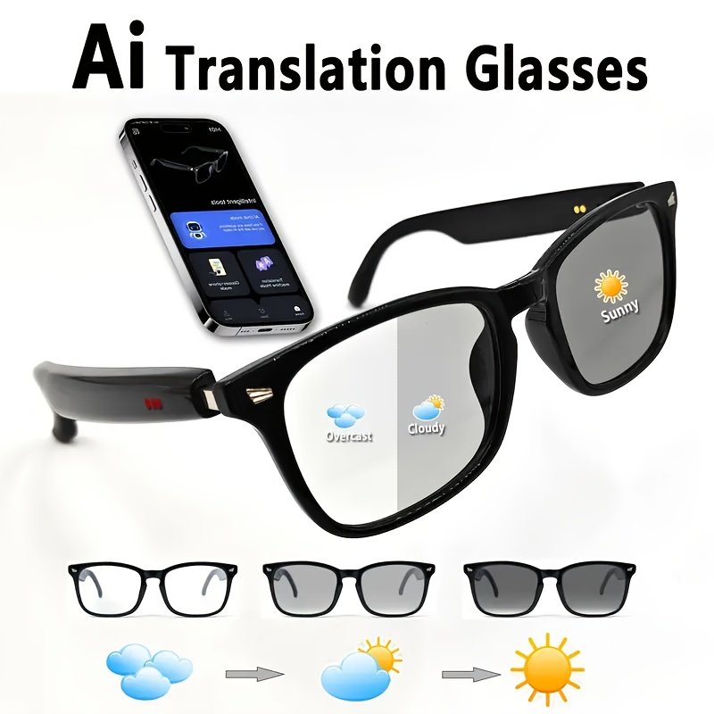 324acc0a-396d-4c29-9017-2a9f4c46afad.jpg AI Translation Glasses with Real-Time Translation, Wireless Calls, Music Playback, Auto-Dimming Lenses, Magnetic Charging - Wireless Smart Glasses with Smartphone Integration, Compatible with, for Men, Women, Teens - Ideal Gift for Language Learners & Professionals (Black), Handsfree Device, Modern Eyewear, Durable Frame, Multilingual Speakers - Image 1